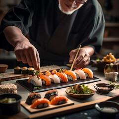 Szef kuchni sushi w akcji: jak przygotować rolki i nigiri w profesjonalnej kuchni - obrazy, fototapety, plakaty