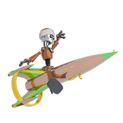 robot santa claus is seated on the rocket in side view