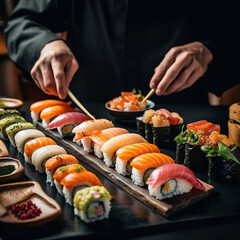 Sztuka sushi: jak szef kuchni tworzy pyszne i zdrowe dania z ryżu i ryb - obrazy, fototapety, plakaty