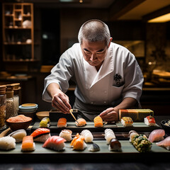 Szef kuchni sushi w akcji: jak przygotować rolki i nigiri w profesjonalnej kuchni - obrazy, fototapety, plakaty