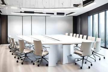 Designing a modern and stylish conference room with a white empty wall provides a clean and professional space for meetings and presentations