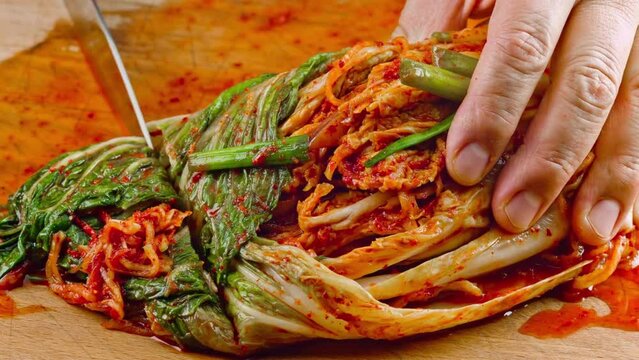 Napa Cabbage Kimchi Mastery: 4K Close-Up of Freshly Cooked Kimchi
