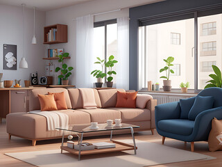 Living room interior design with sofa, coffee table and plants.