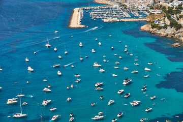 Moraira view from cap d'or with many boats