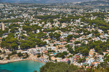 Moraira view from cap d'or with many boats