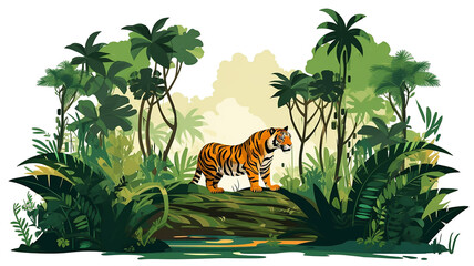 jungle vector flat minimalistic, rain forest, various plants and animals illustration isolated on white background. Generative AI