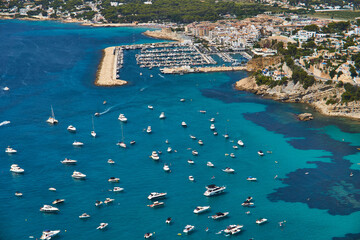 Moraira view from cap d'or with many boats