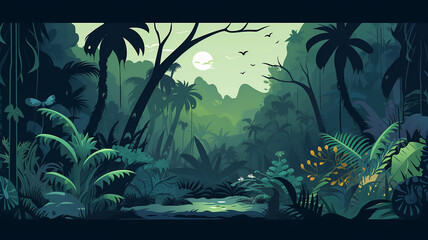 Fototapeta na wymiar jungle vector flat minimalistic, rain forest, various plants and animals illustration isolated on white background. Generative AI