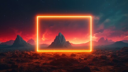 Glowing neon square frame over abstract landscape. Generative AI image weber.