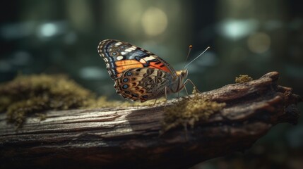 Fototapeta na wymiar Illustration of a butterfly perched on a tree branch in the middle of a forest
