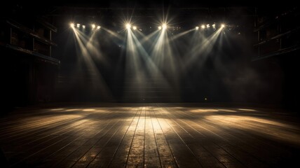 Spotlighs shine on stage in the dark room. Generative AI image weber. - obrazy, fototapety, plakaty