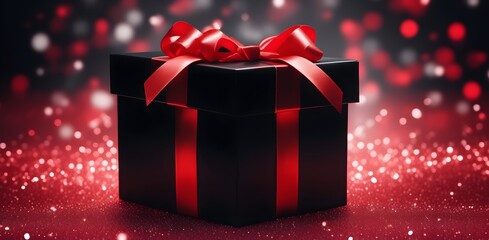 Black Gift Box with Red Ribbon. The Concept Of Black Friday.