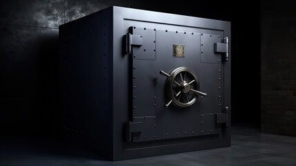 A large square safe in a dark room. Saving money. Horizontal banner.