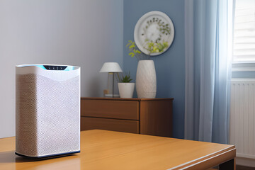 Air purifier in the table, Air cleaner removing fine dust in house. Preppy style room