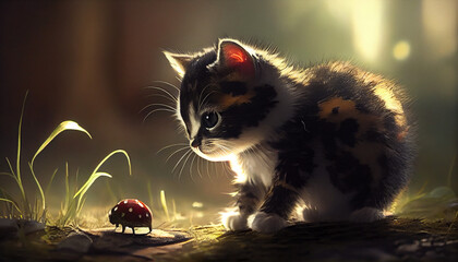 art Young cat  kitten hunting a ladybug with Back Lit, Ai generated image