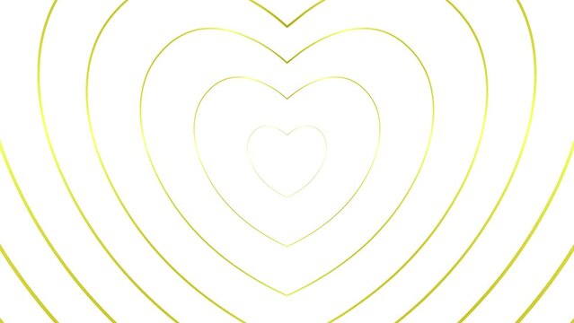 Animated increasing golden hearts appear from the center.  Background from linear symbol. Looped video. Vector illustration isolated on white background.
