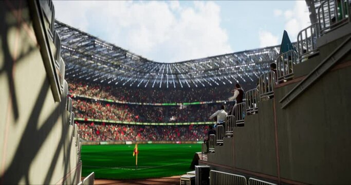 Stadium Arena. Day Light, animated crowd fans, Dynamic camera, Sun , Flags and celebration	

