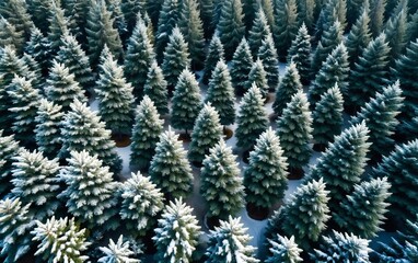 Drone photo of snow covered evergreen trees after a winter blizzard