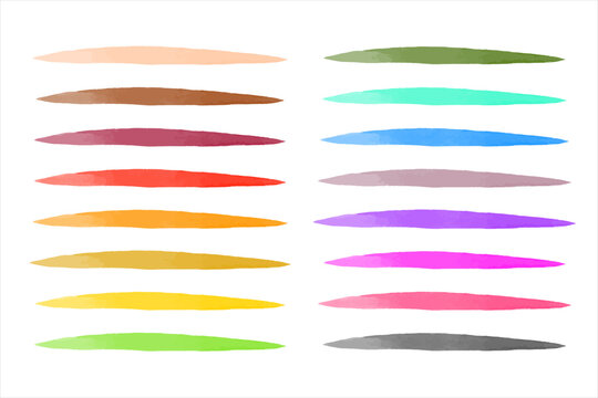Set, collection of vector colorful watercolor brush strokes, doodle lines, fusiform stripes, artistic streaks. Watercolour smears, smudges, multicolor brushstrokes. Hand drawn text background.