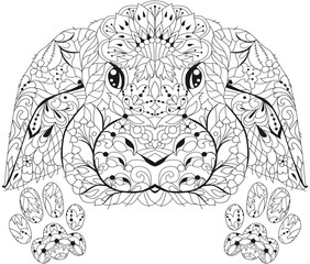 Zentangle rabbit head with paws for coloring. Hand drawn decorative vector illustration for coloring