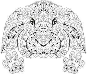 Zentangle rabbit head with paws for coloring. Hand drawn decorative vector illustration for coloring
