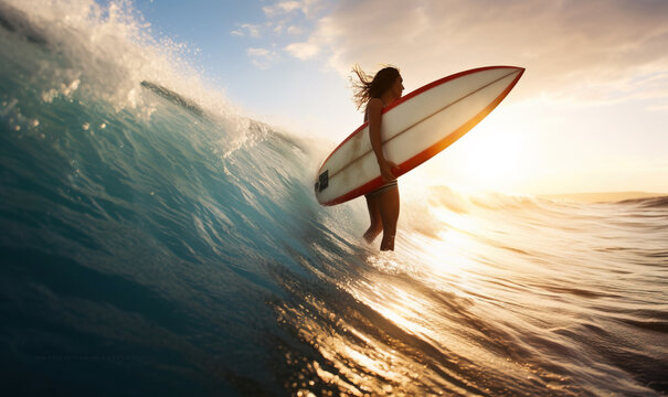 Surfer girl holding her board in the water at sunset
