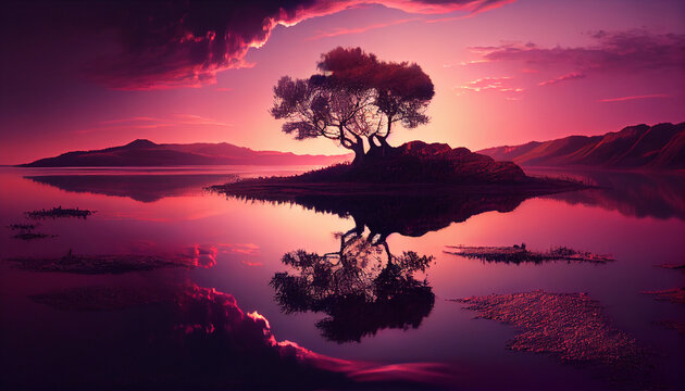 Beautiful pink sunset on a lake, Ai generated image