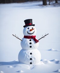 Snowman on snowy field. Merry Christmass!