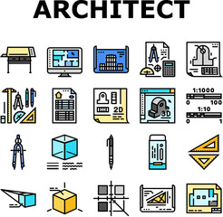 engineer construction architect icons set vector. people project, man office, building industry, work blueprint, business architecture engineer construction architect color line illustrations