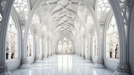 Abstract white gothic interior. 3D illustration and rendering. - obrazy, fototapety, plakaty