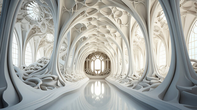 Abstract white gothic interior. 3D illustration and rendering.