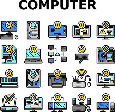 repair computer pc service icons set vector. hardware technician, support technology, engineer maintenance, motherboard laptop repair computer pc service color line illustrations