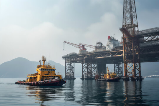 Aerial view of Offshore oil and gas rig construction station platform on the sea. Industry searching for fuel and energy, extract process petroleum and natural gas at ocean beneath seabed.