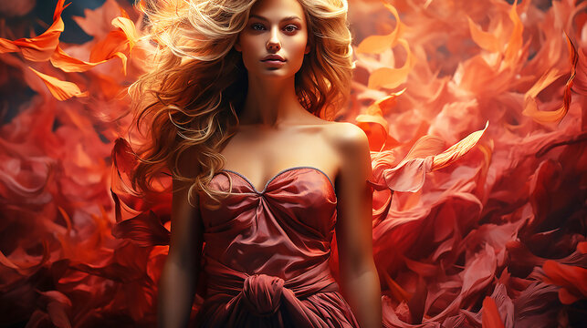 fantasy Model Back Side in Red Flying Dress, Woman Rear View, Gown Fabric Fly on Wind, Beautiful Girl Looking to Light