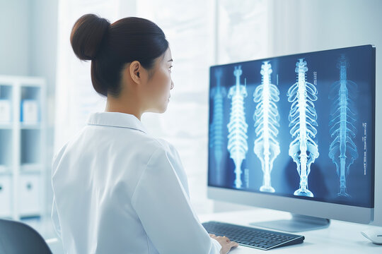 Asian woman Neurologist Looks at Screen with MRI Scan and diagnose. 