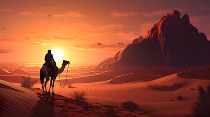 A man riding a camel across a desert under a stunning sunset