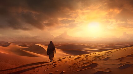 A lone traveler walking through a desert landscape under a dramatic cloudy sky