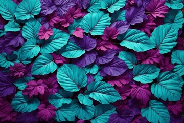 Purple and Cyan Colorful Leaves Background, Leaves Background, Leaves Wallpaper, Leaves Pattern, Fallen leaves Background, AI Generative