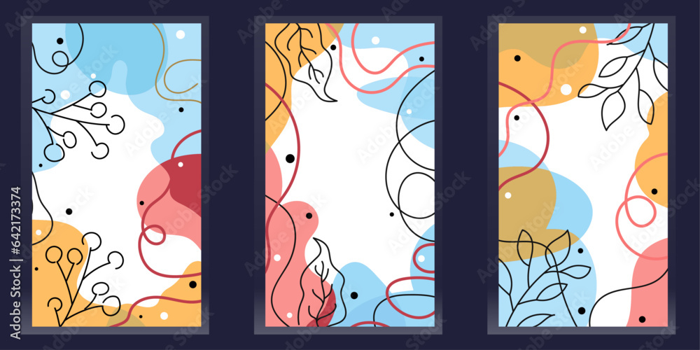 Poster Abstract set of templates for background. Floral abstract background. Fluid blue-red background with lines and leaves.