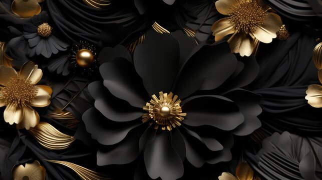 luxurious seamless pattern with enchanting floral shapes and luxurious black silk textures complemented by gold details.