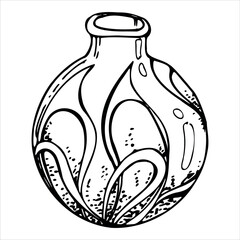 Hand drawn ink vector glass jar vial bottle for potion. Sketch illustration art witchcraft, medicine, chemistry, alchemy. Isolated object, outline. Design shops, logo, print, website, card, booklet