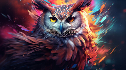 Estores personalizados com sua foto 3D rendering of an abstract owl portrait with a colorful double exposure paint effect.