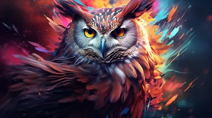 Poster Dessins animés de hibou 3D rendering of an abstract owl portrait with a colorful double exposure paint effect.