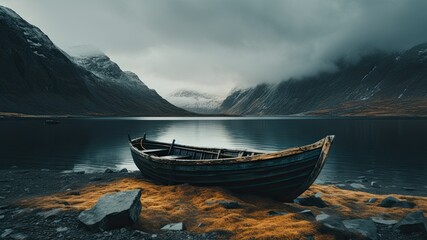 Boat on the shore of a lake, rocky shore, mountains in the distance, landscape photography