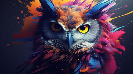 a captivating 3D rendering of an abstract owl portrait with a colorful double exposure paint effect