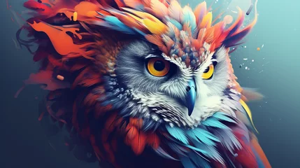 Foto op Canvas 3D rendering of an abstract owl portrait with a colorful double exposure paint effect. © Ahtesham