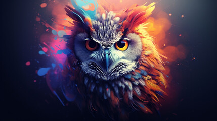3D rendering of an abstract owl portrait with a colorful double exposure paint effect. © Ahtesham