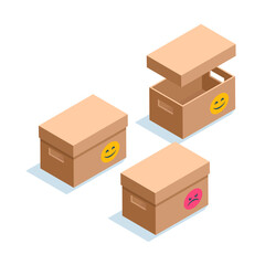 isometric box with a smiley in color on a white background, a box with slots in the form of handles for carrying office items