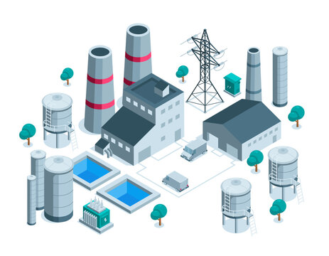 factory isometric in color on white background, power plant or industrial buildings