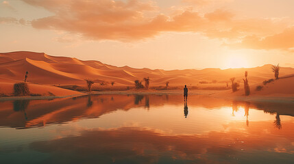 Boy standing in the middle of an oasis in the desert at sunrise, desert lake, landscape photography